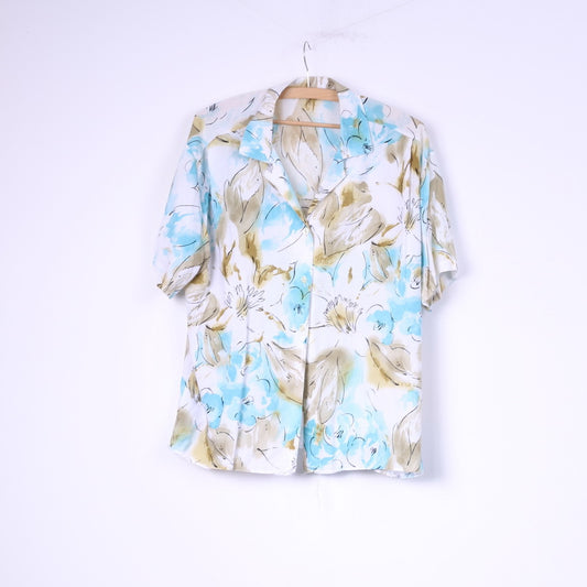 Vintage Women XL Casual Shirt Flower Print Short Sleeve Top White