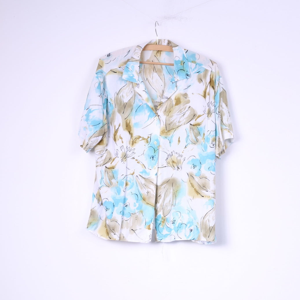 Vintage femmes XL chemise décontractée imprimé fleur haut à manches courtes blanc 