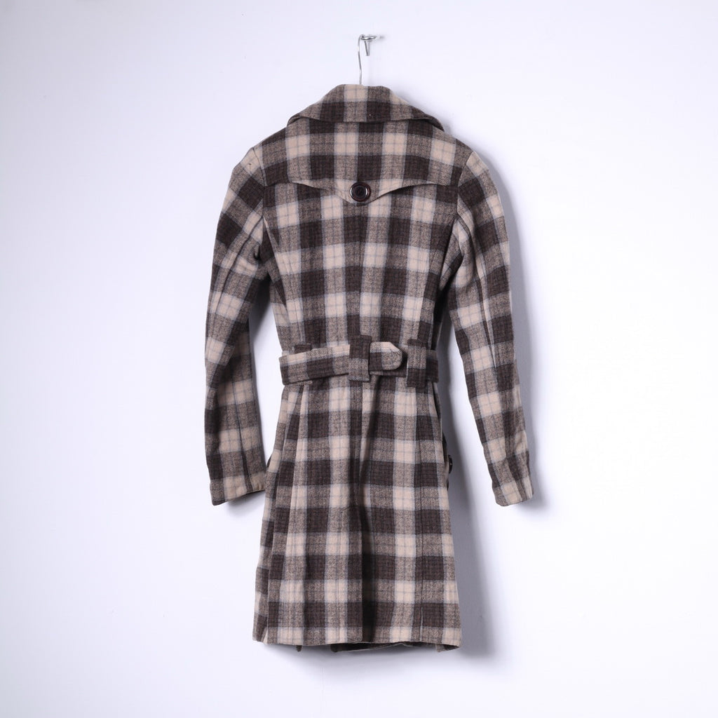 Kenvelo Womens S Coat Brown Check Wool Double Breasted Belted Classic Top