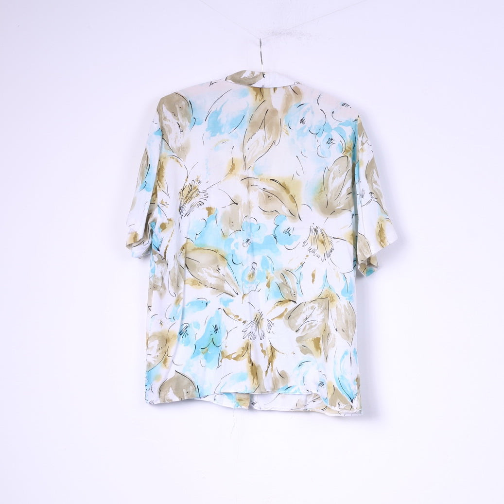 Vintage femmes XL chemise décontractée imprimé fleur haut à manches courtes blanc 