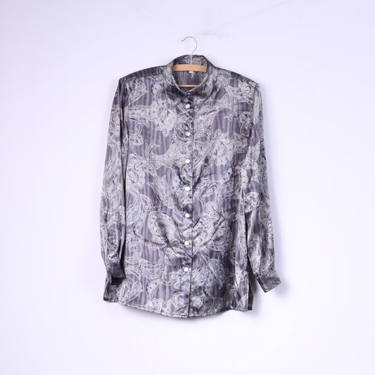 Vintage Women 12 38 Casual Shirt Gray Shiny Shoulder Pads Baroque Print Top