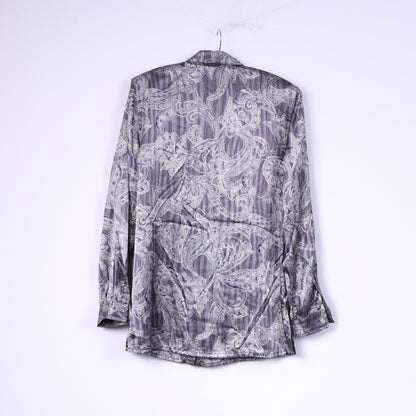 Vintage Women 12 38 Casual Shirt Gray Shiny Shoulder Pads Baroque Print Top