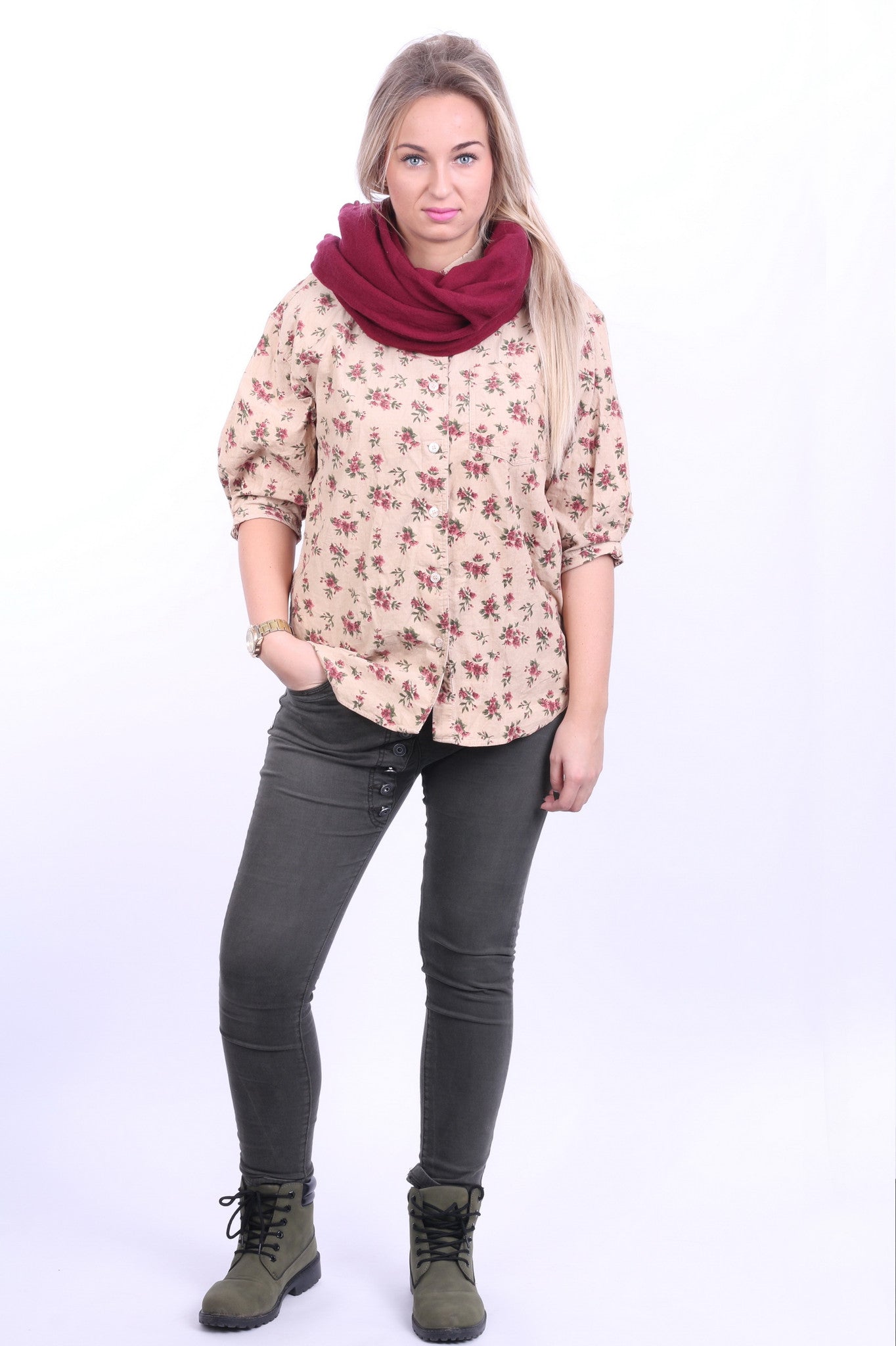 Dorothy Perkins Womens 14 XL Casual Shirt Beige Short Sleeve Flowers Print Corduroy - RetrospectClothes