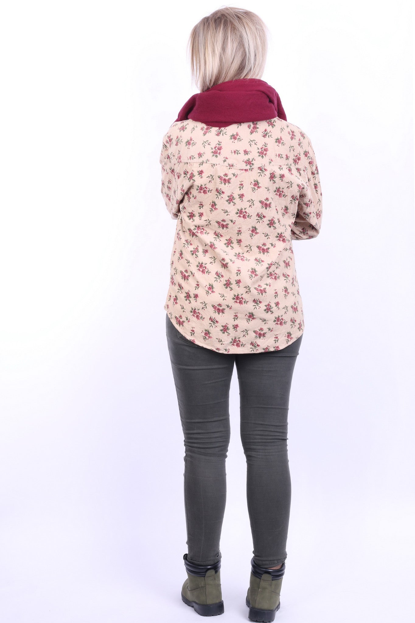 Dorothy Perkins Womens 14 XL Casual Shirt Beige Short Sleeve Flowers Print Corduroy - RetrospectClothes