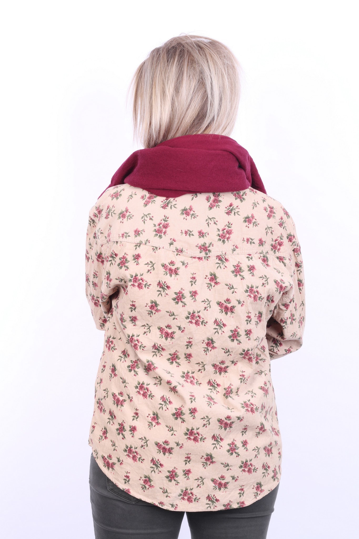 Dorothy Perkins Womens 14 XL Casual Shirt Beige Short Sleeve Flowers Print Corduroy - RetrospectClothes