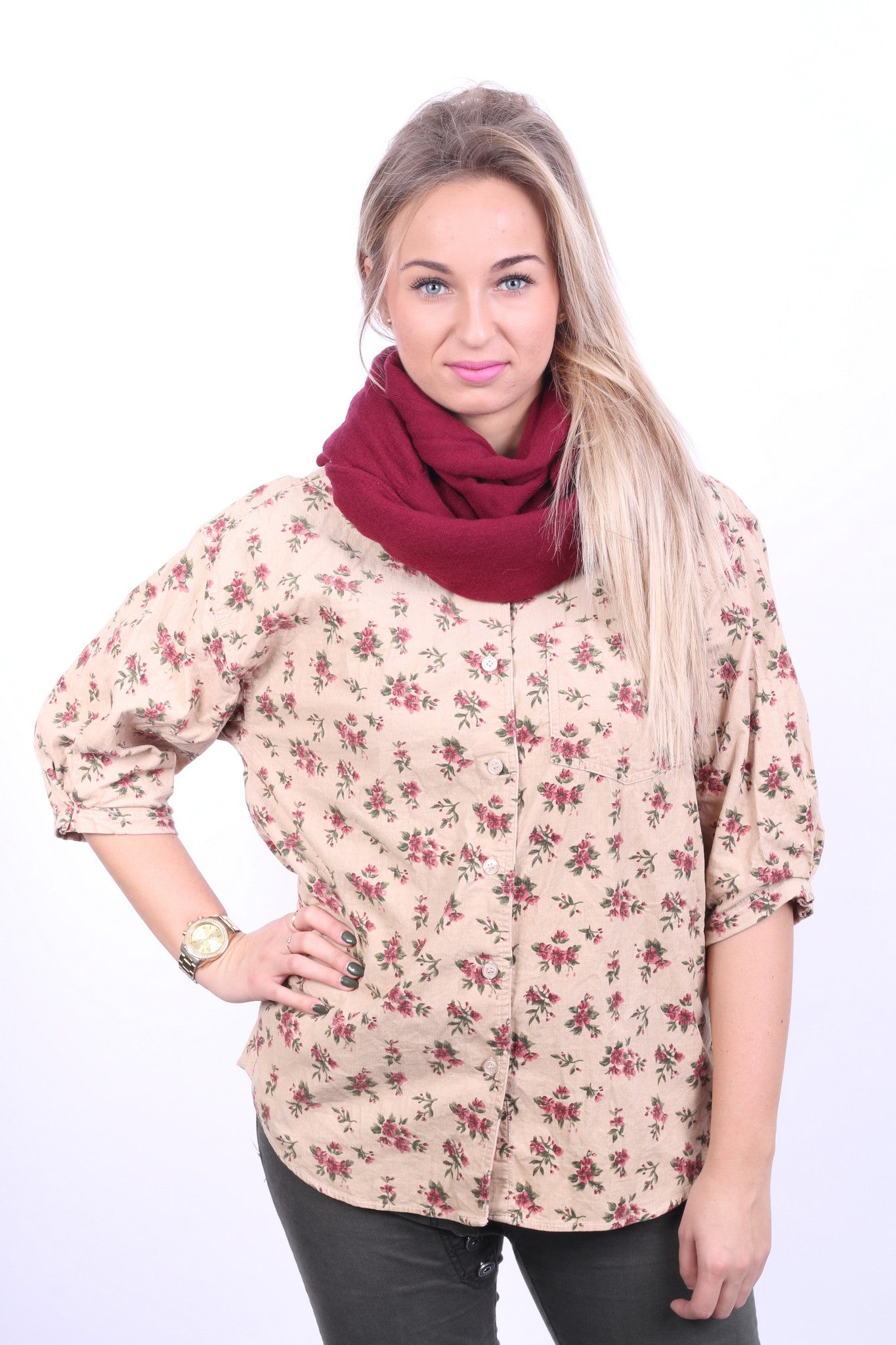 Dorothy Perkins Womens 14 XL Casual Shirt Beige Short Sleeve Flowers Print Corduroy - RetrospectClothes