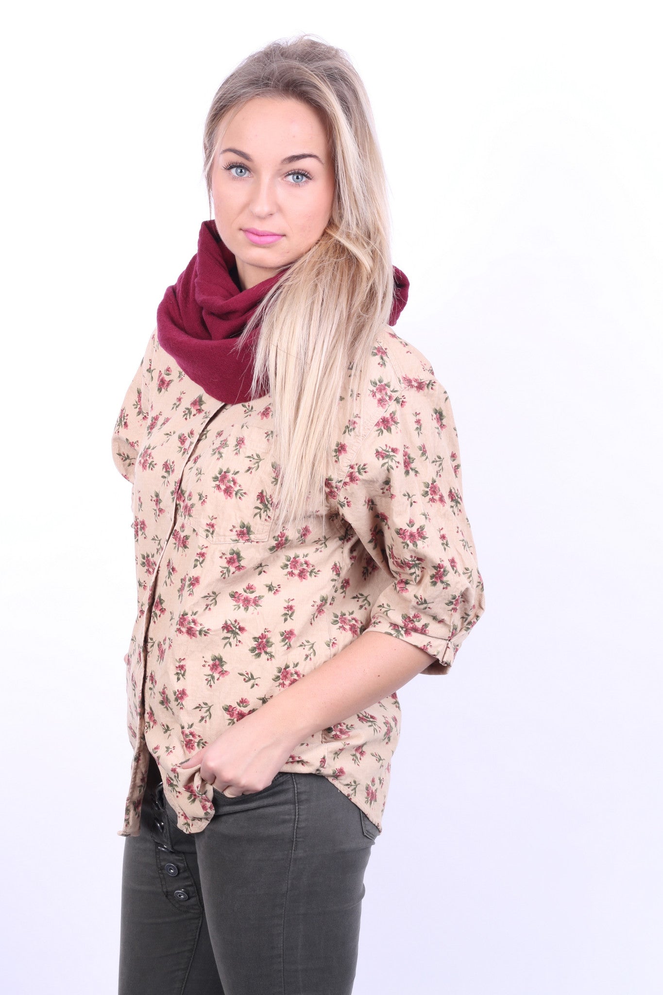 Dorothy Perkins Womens 14 XL Casual Shirt Beige Short Sleeve Flowers Print Corduroy - RetrospectClothes