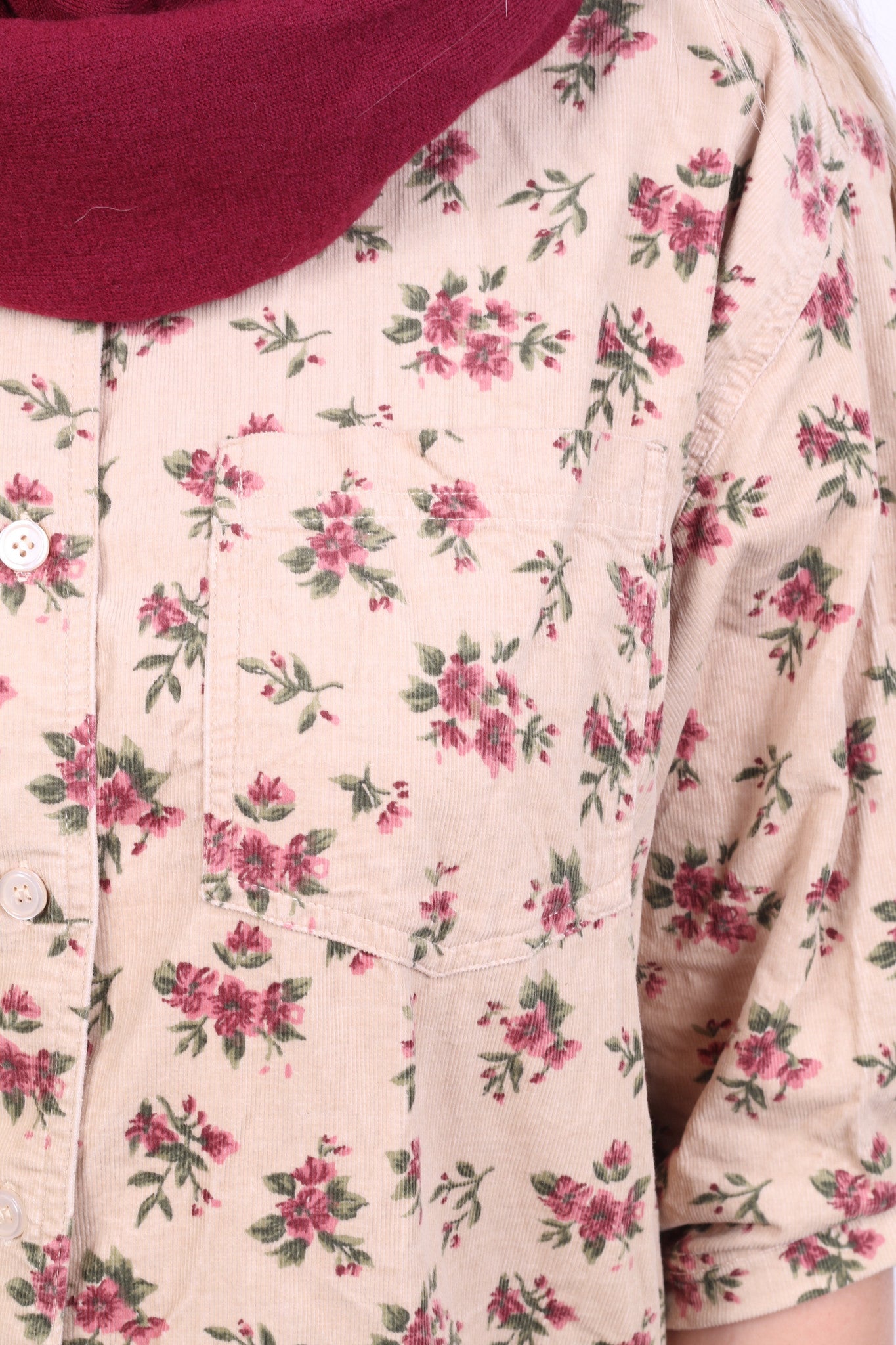 Dorothy Perkins Womens 14 XL Casual Shirt Beige Short Sleeve Flowers Print Corduroy - RetrospectClothes