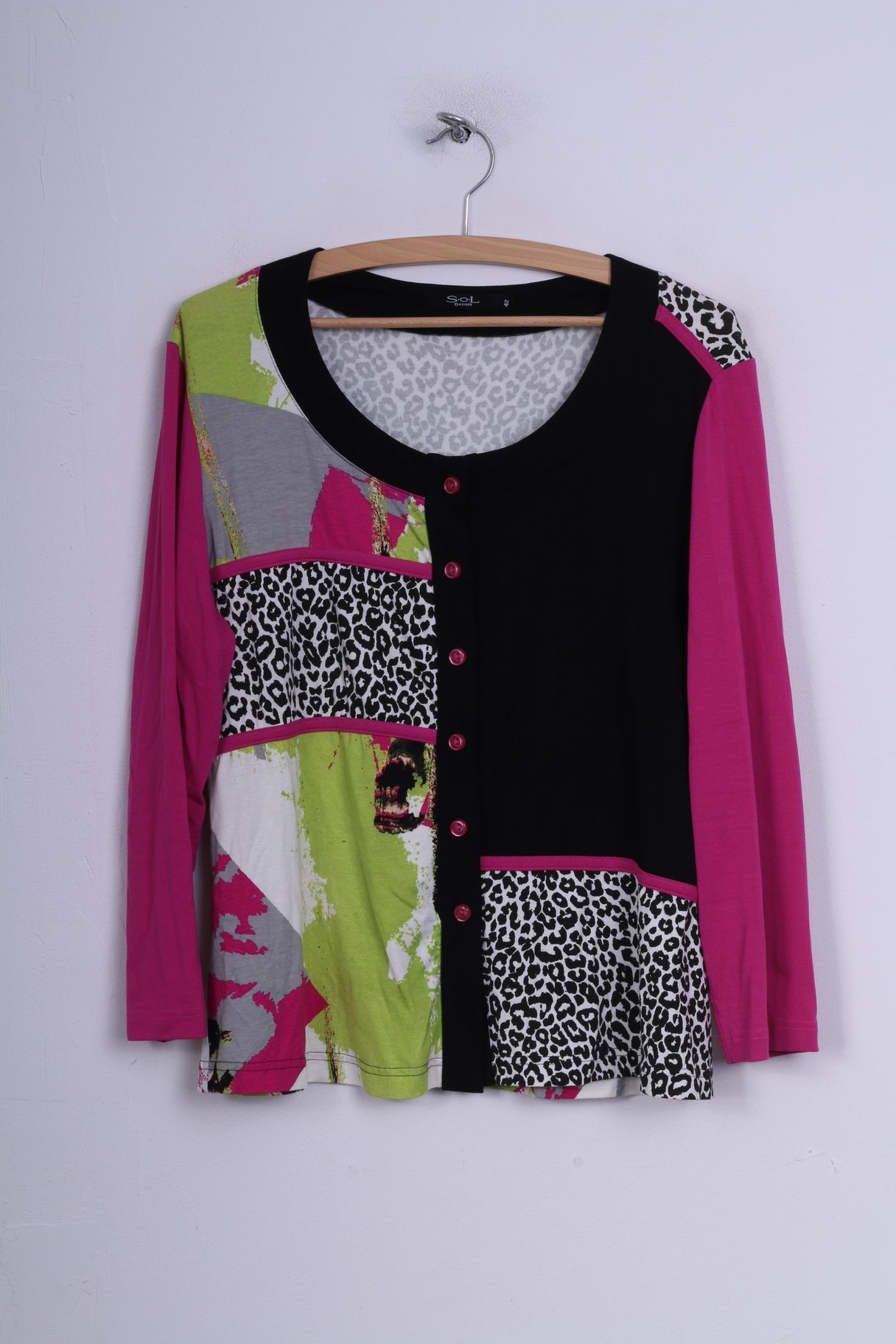 Sol Design Womens 42 L Blouse Button Front Multiprint Black /Pink Long Sleeve Top
