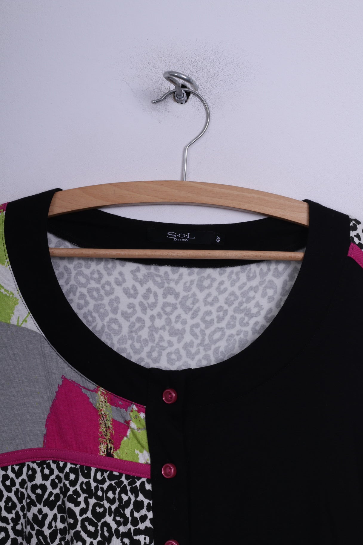 Sol Design Chemisier boutonné sur le devant pour femme 42 L, haut à manches longues noir/rose 