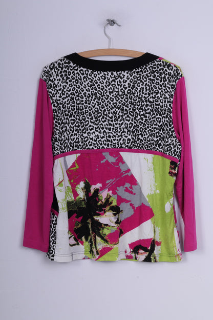 Sol Design Womens 42 L Blouse Button Front Multiprint Black /Pink Long Sleeve Top