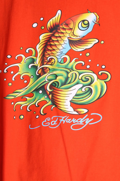 T-shirt Ed Hardy da ragazzo M 14 anni Top con grafica a forma di pesce in cotone arancione