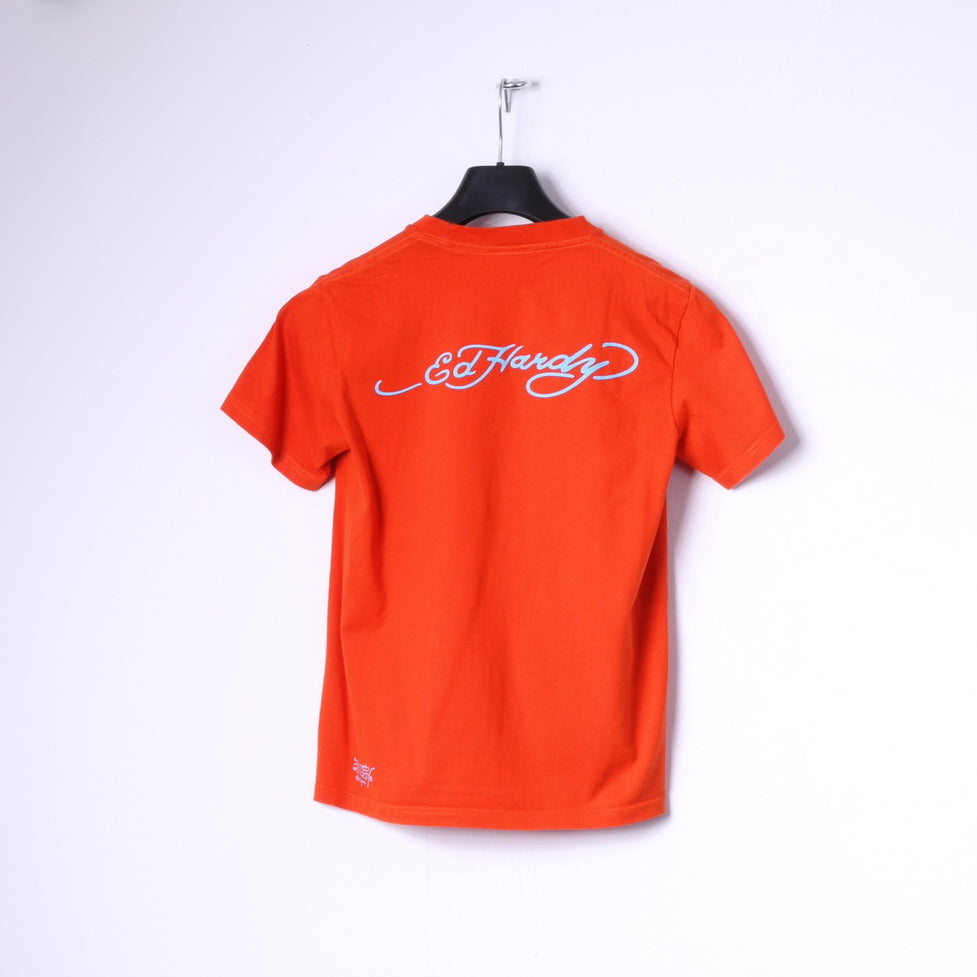 Ed Hardy Boys M 14 Age T-Shirt Orange Cotton Fish Graphic Top