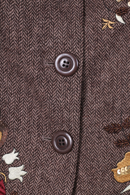 Blanco Women 40 M Blazer Brown Single Breasted Herringbone Wool Autumn Embroidered Jacket