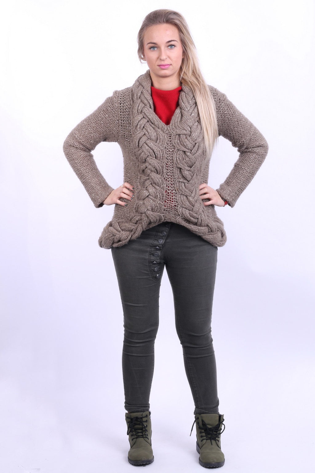 Armani Jeans Femmes 14 40 M Pull Kaki Tressé Tricot Mohair Pull Asymétrique