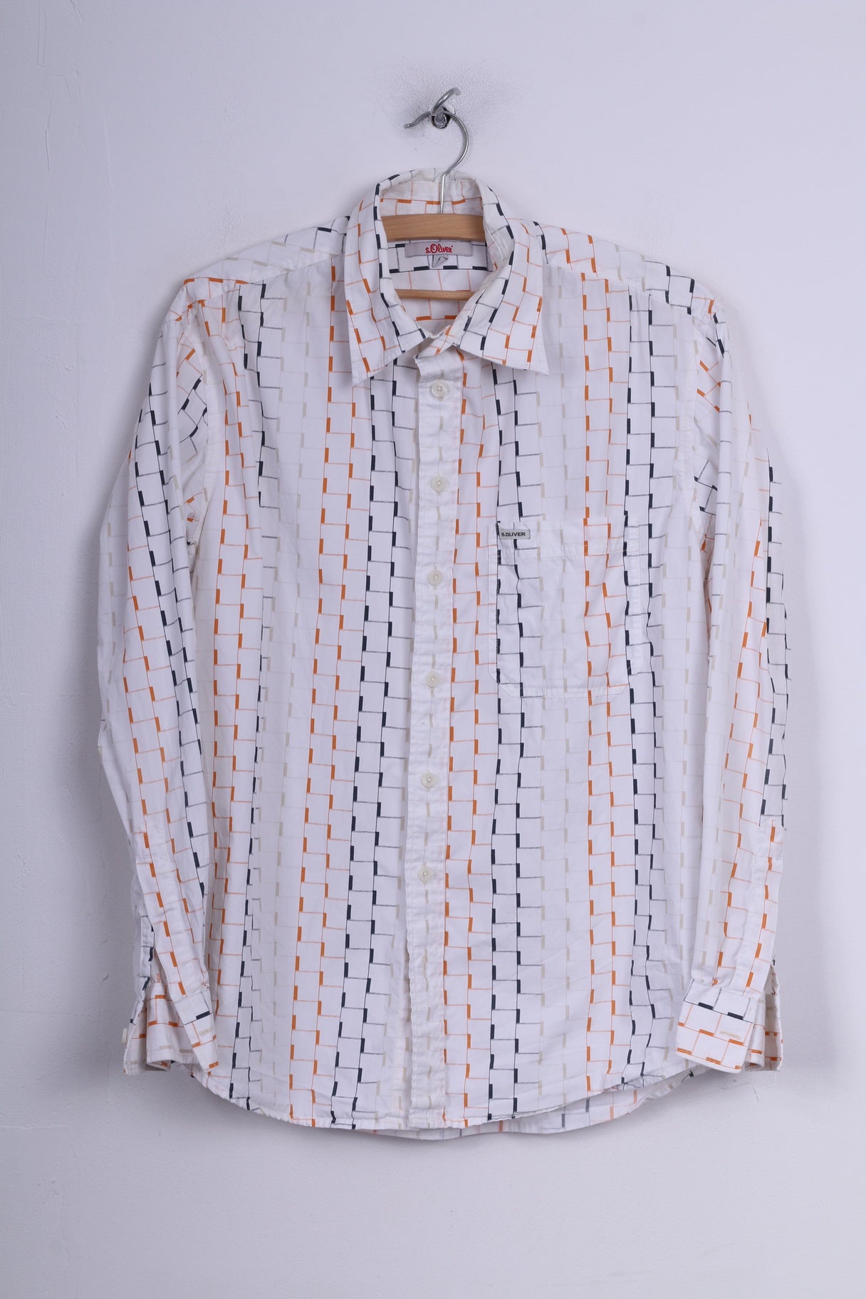 S.Oliver Mens M Casual Shirt Graphic White Long Sleeve Cotton