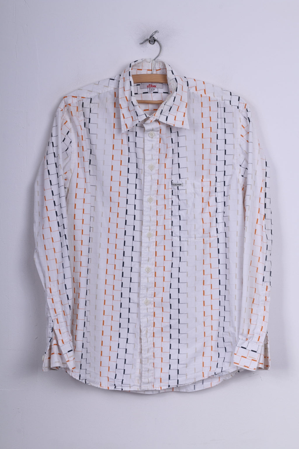 S.Oliver Chemise décontractée M pour hommes, graphique, blanc, manches longues, coton 