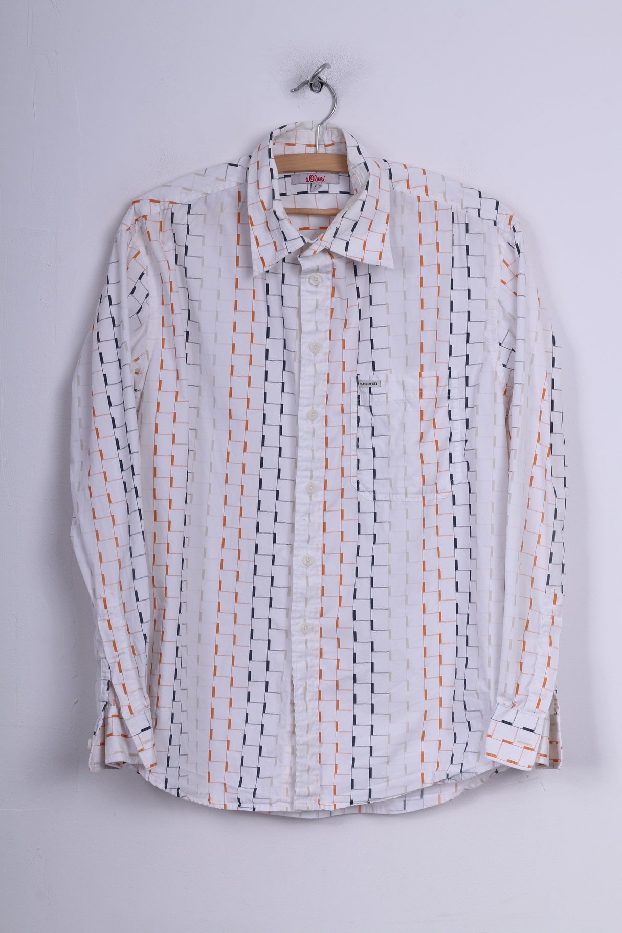 S.Oliver Chemise décontractée M pour hommes, graphique, blanc, manches longues, coton 