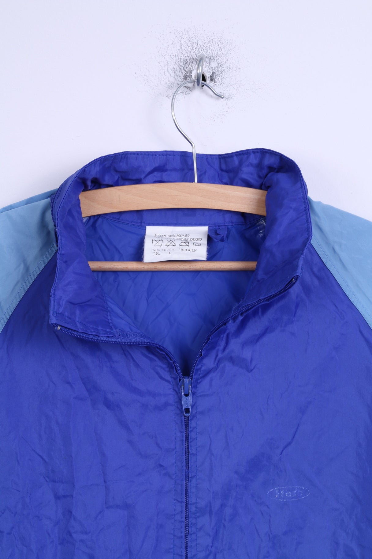 Hedo Mens L Rain Jacket Blue Nylon Waterproof Hidden Hood Lightweight Top