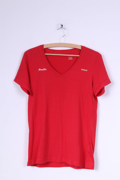 Reebok Womens M  Shirt Fitness First Red V Neck Short Sleeve Summer