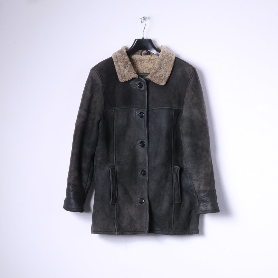 MADDOX Femme 38 M Veste Vert Foncé Vintage Boutonné Cuir Manteau Chaud