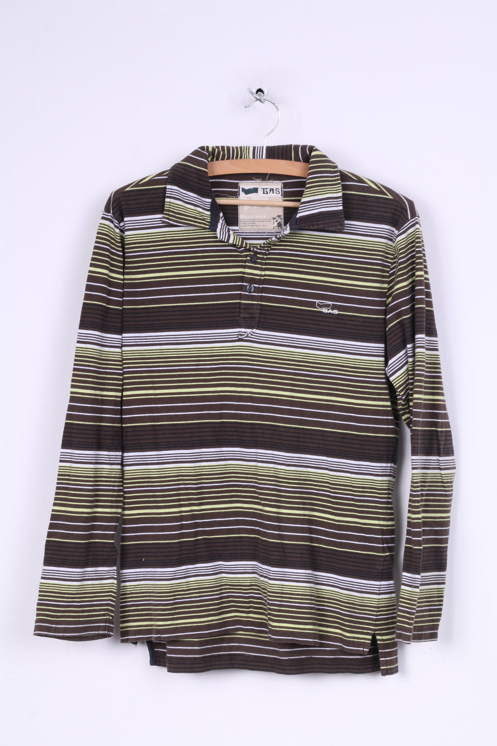 Gas Mens S Polo Shirt Brown Striped Long Sleeve Cotton