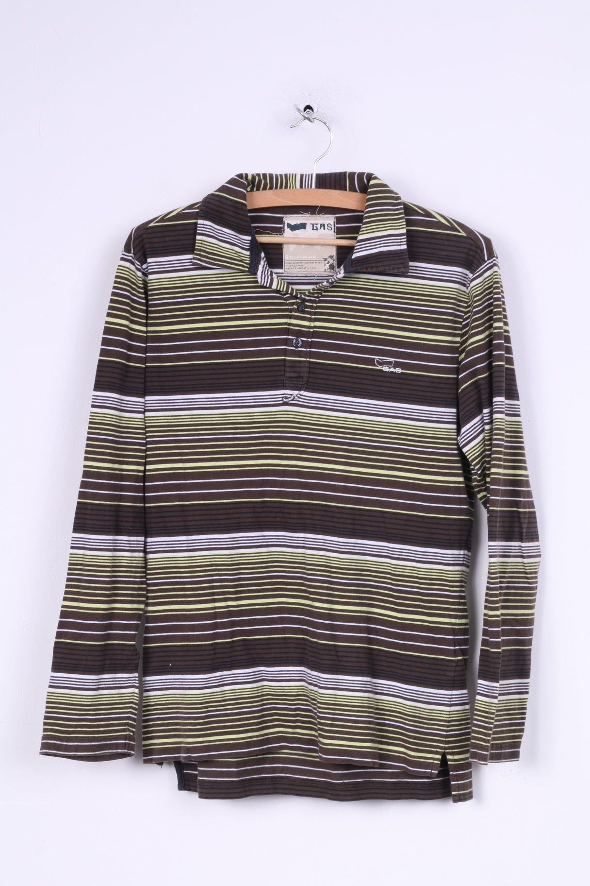 Gas Mens S Polo Shirt Brown Striped Long Sleeve Cotton