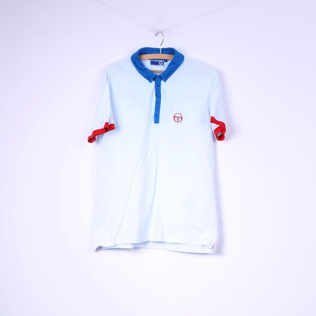 Sergio Tacchini Mens L Polo Shirt Light Blue Short Sleeve Top Button Down Collar