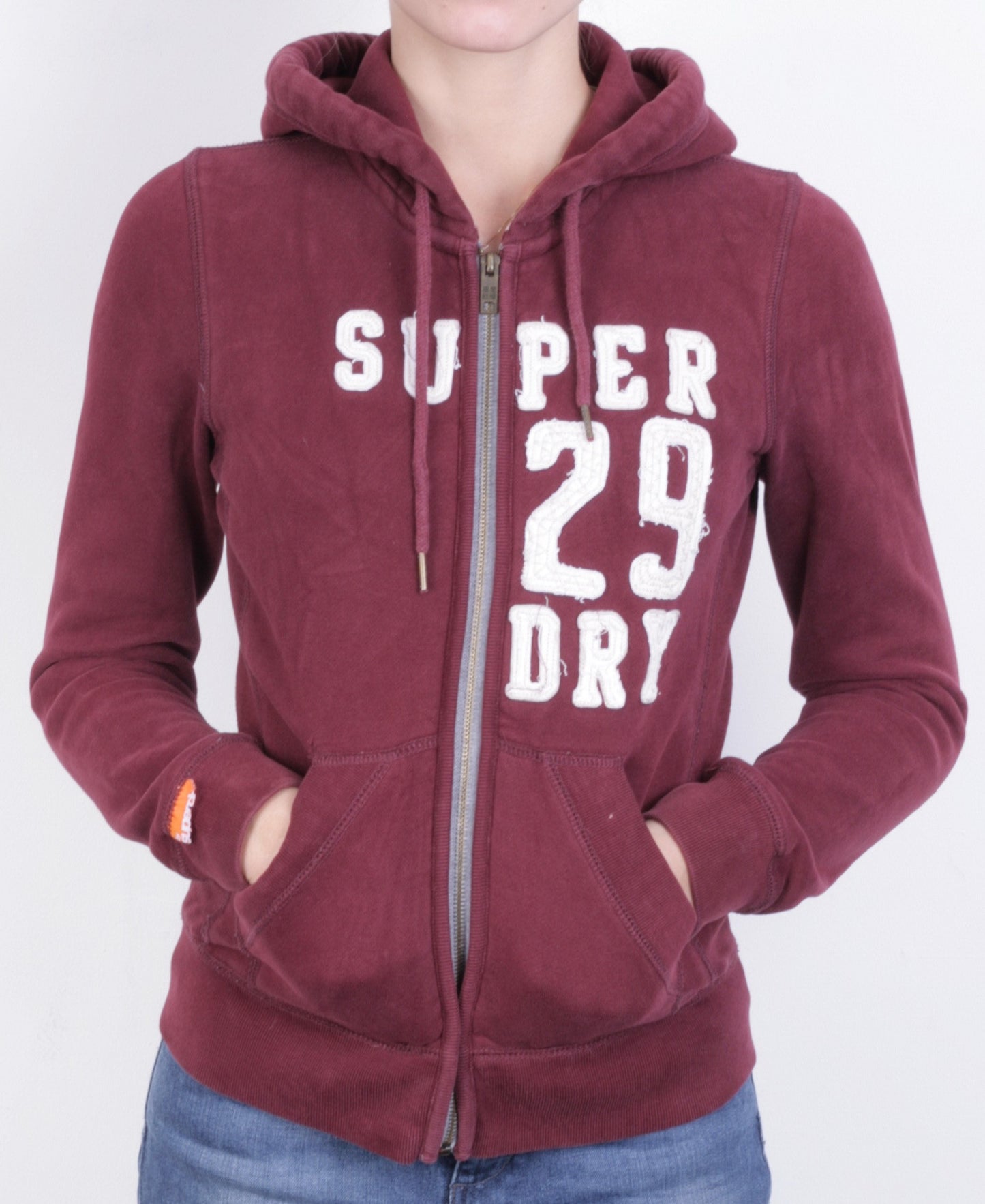 Superdry Womens XS Sweatshirt Maroon Full Zipper Hoodie Hood - RetrospectClothes