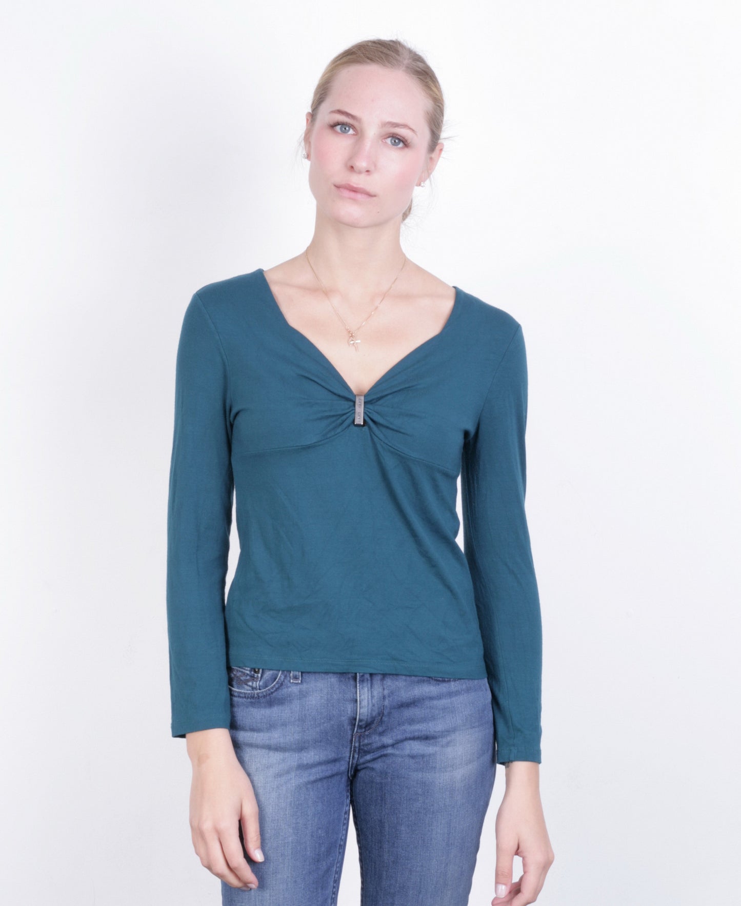 Daneva DNV Womens M Shirt V Neck Green Long Sleeve - RetrospectClothes