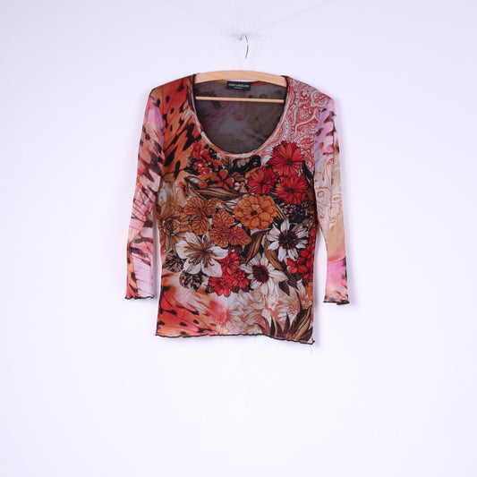James Lakeland Womens M Shirt Flower Print Orange 7/8 sleeve Italy Nylon