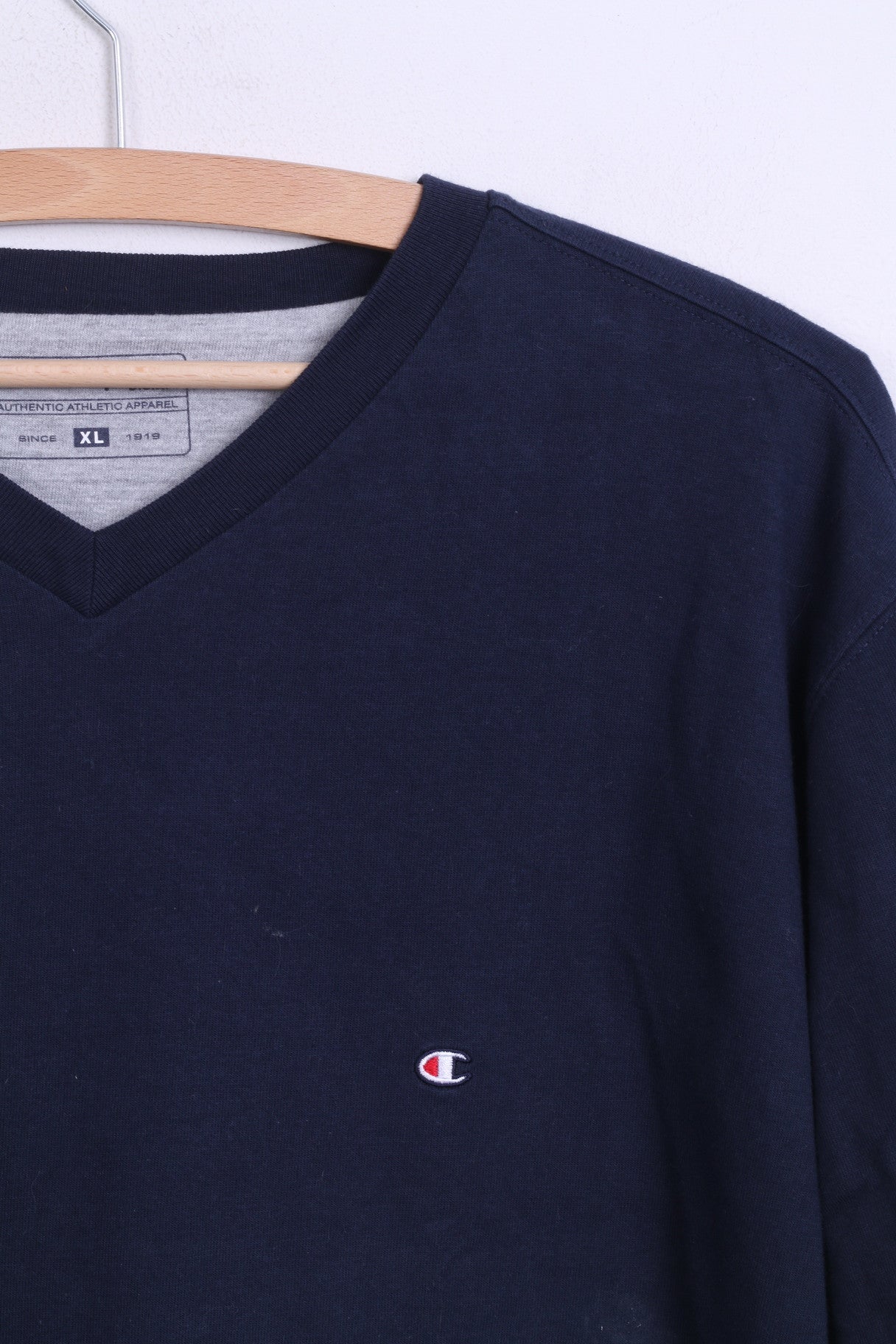 Champion Mens XL Shirt V Neck Navy Long Sleeve Cotton Top - RetrospectClothes