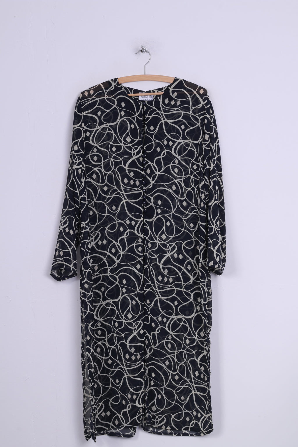 Sat Suma London Robe mi-longue imprimée bleu marine transparente à manches longues pour femme 16 XL 