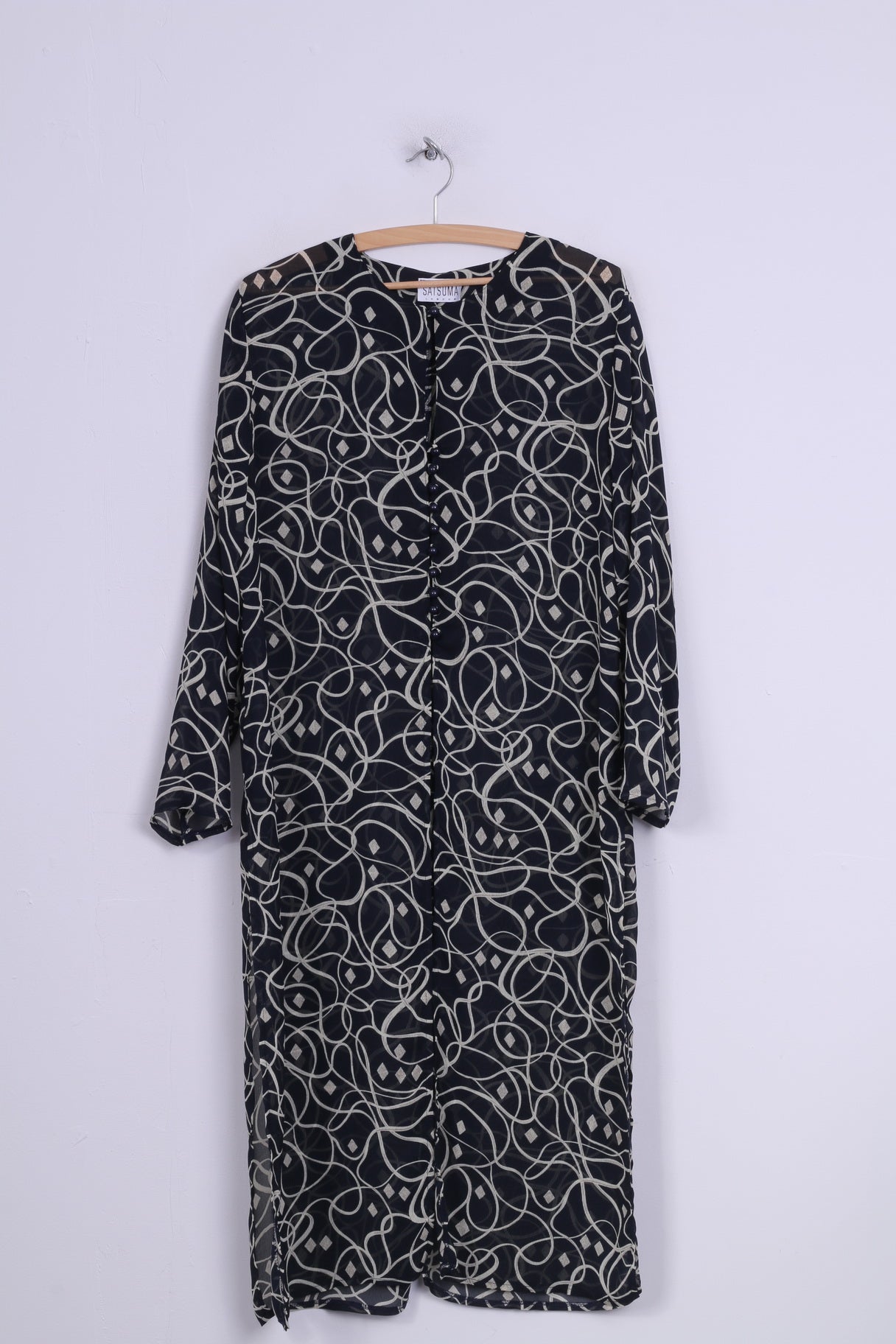 Sat Suma London Robe mi-longue imprimée bleu marine transparente à manches longues pour femme 16 XL 