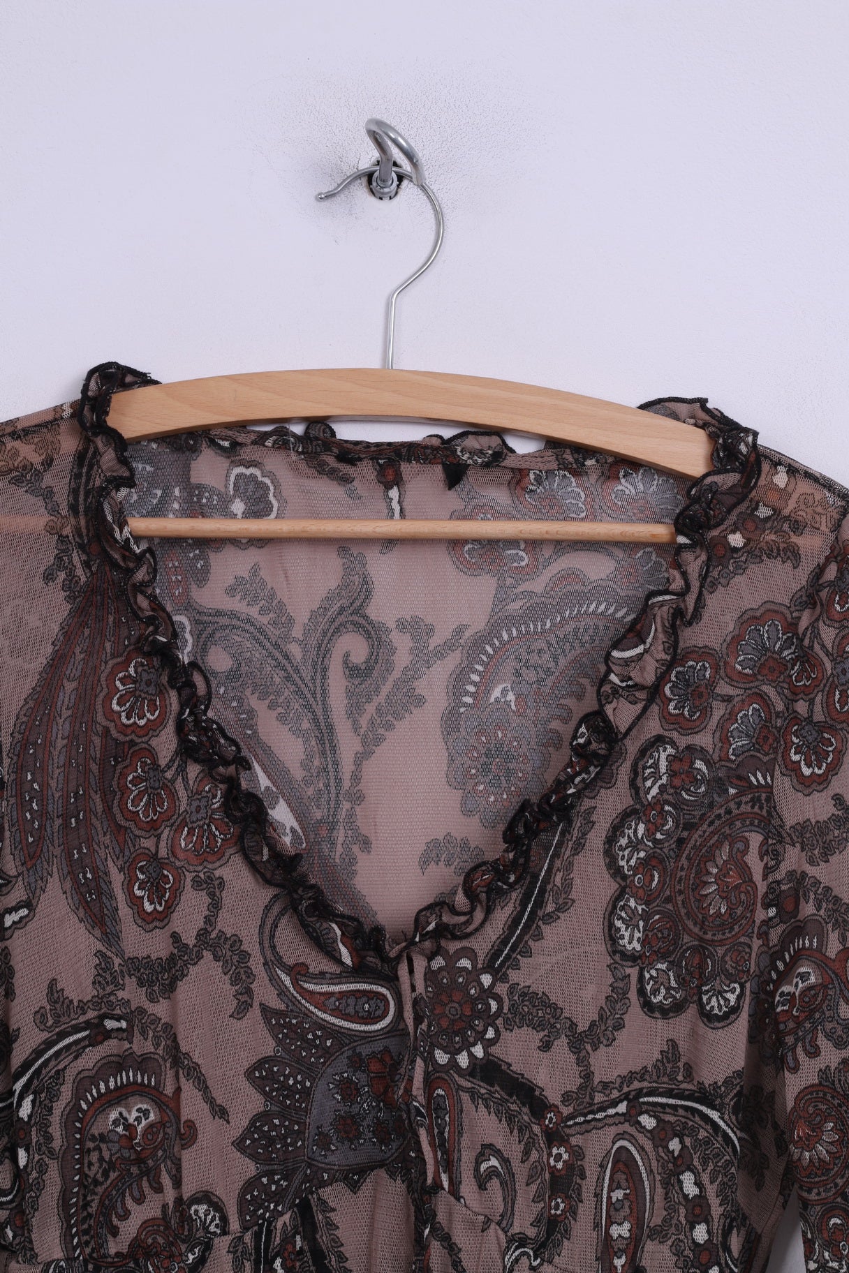 Boho Womens S Dress Brown Printed Transparent V Neck Vintage