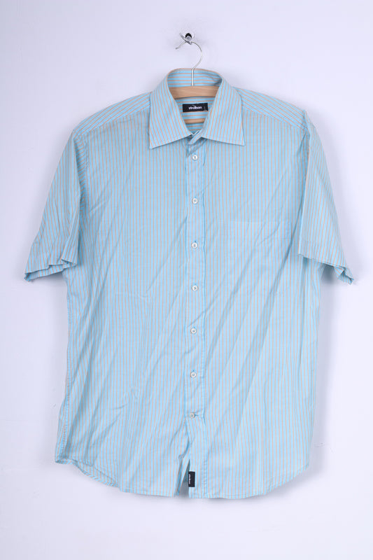 Strellson Mens L 40 15.5 Casual Shirt Blue Striped Cotton Short Sleeve