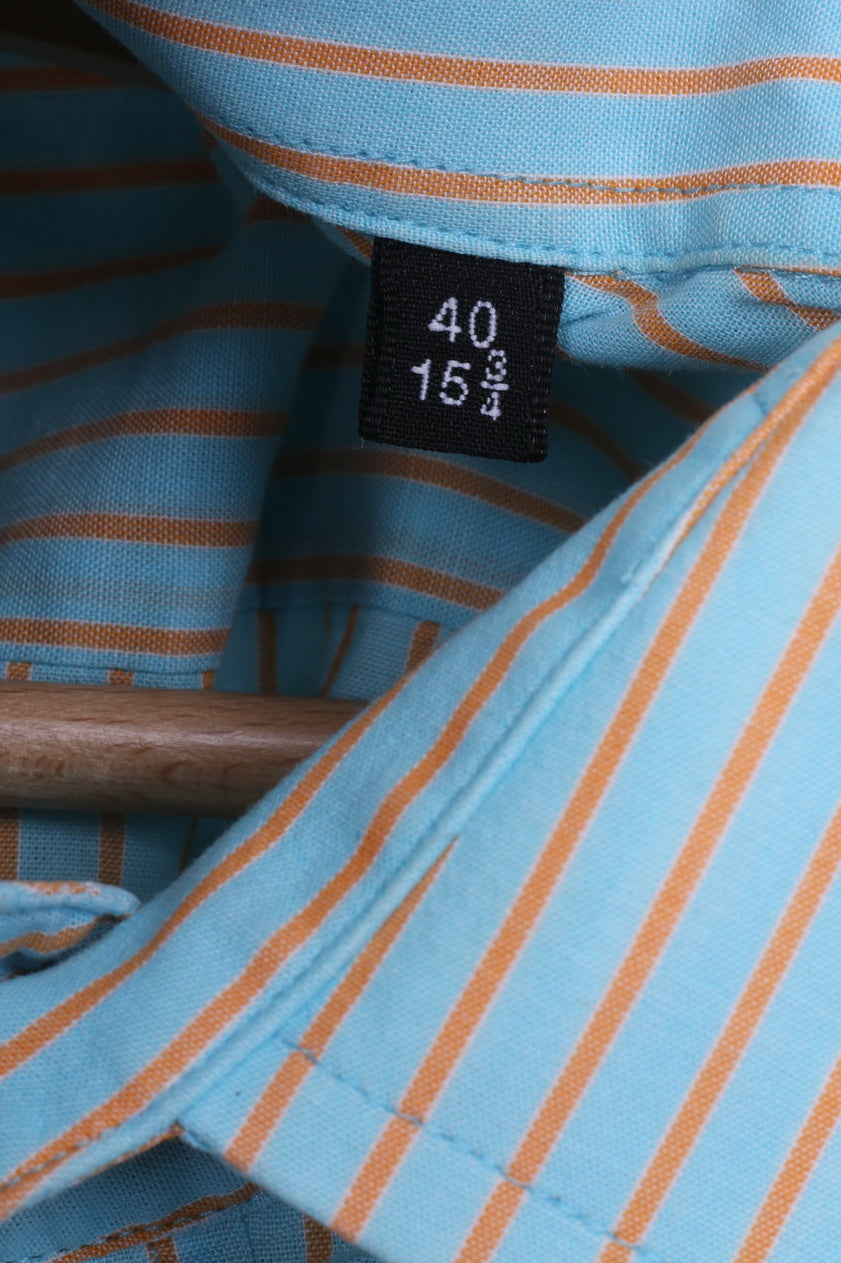 Strellson Mens L 40 15.5 Casual Shirt Blue Striped Cotton Short Sleeve
