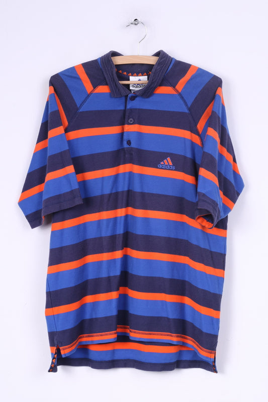 Adidas Mens L Polo Shirt Navy Blue Striped Cotton Short Sleeve Summer Vintage
