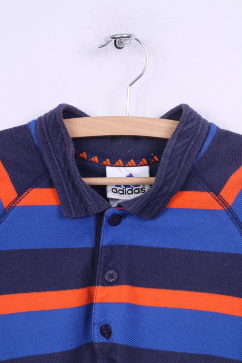 Adidas Homme L Polo Bleu Marine Rayé Coton Manches Courtes Été Vintage