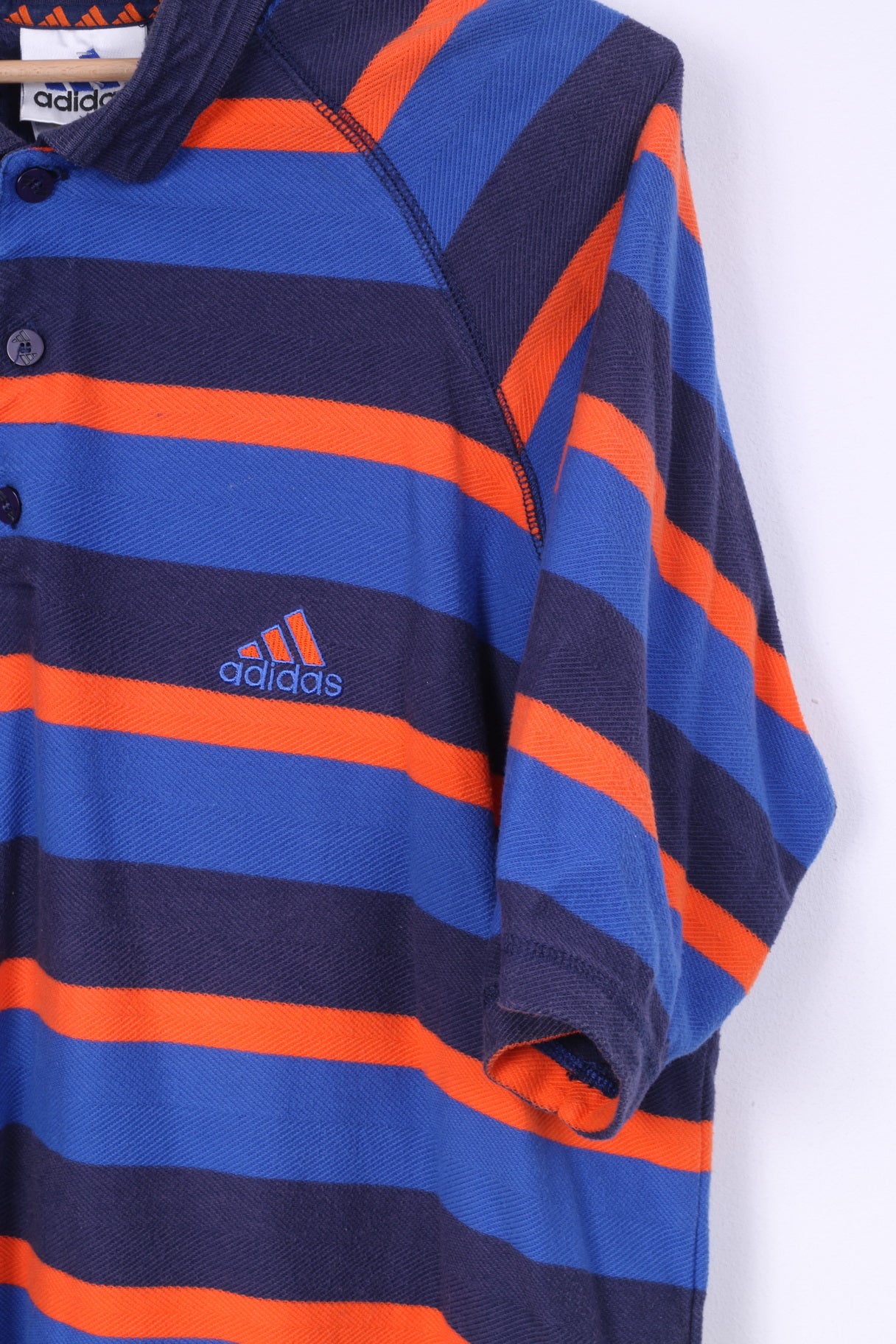 Adidas Mens L Polo Shirt Navy Blue Striped Cotton Short Sleeve Summer Vintage
