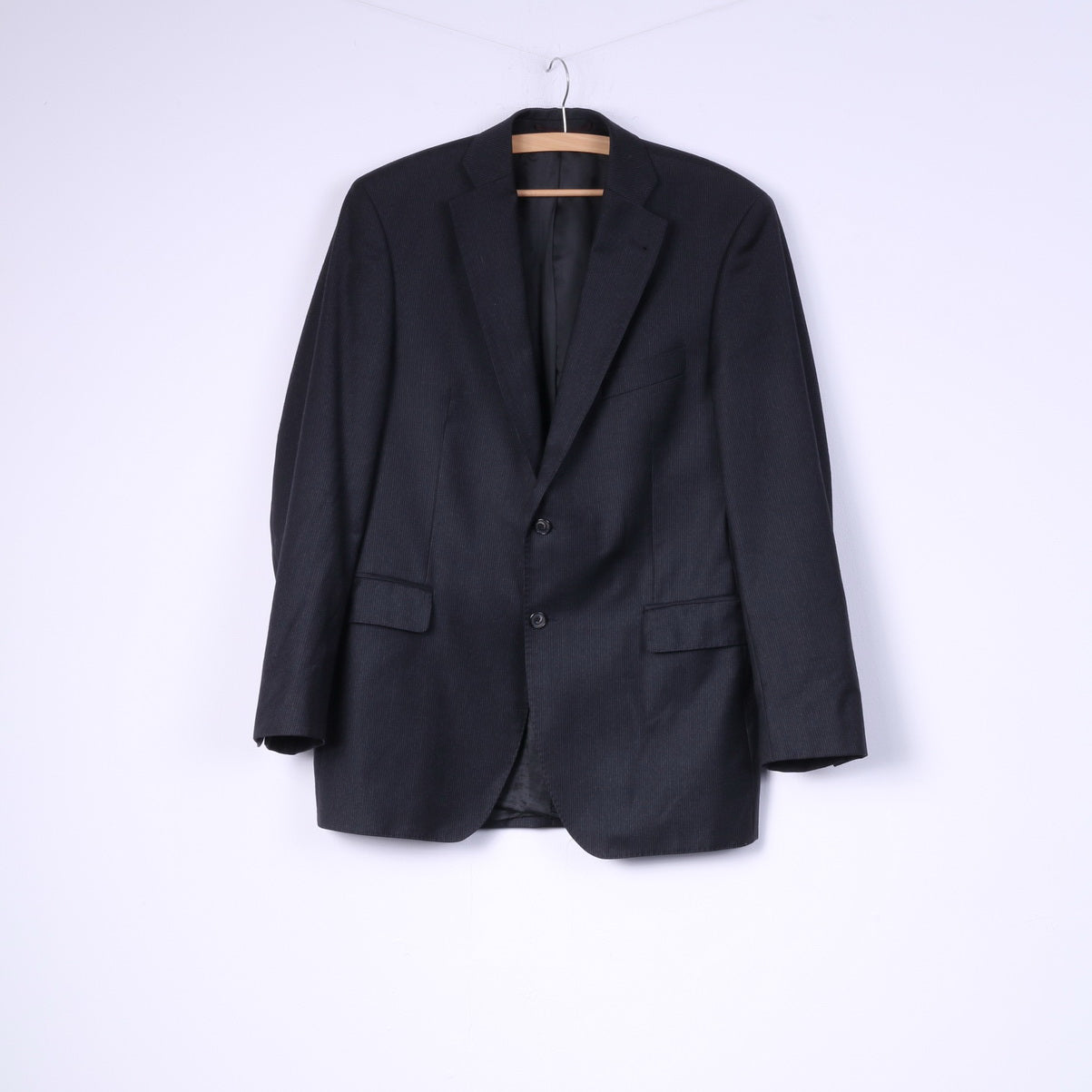 Schirling Men 48 38 Suit Black 100% Wool Vintage Blazer Trousers Striped