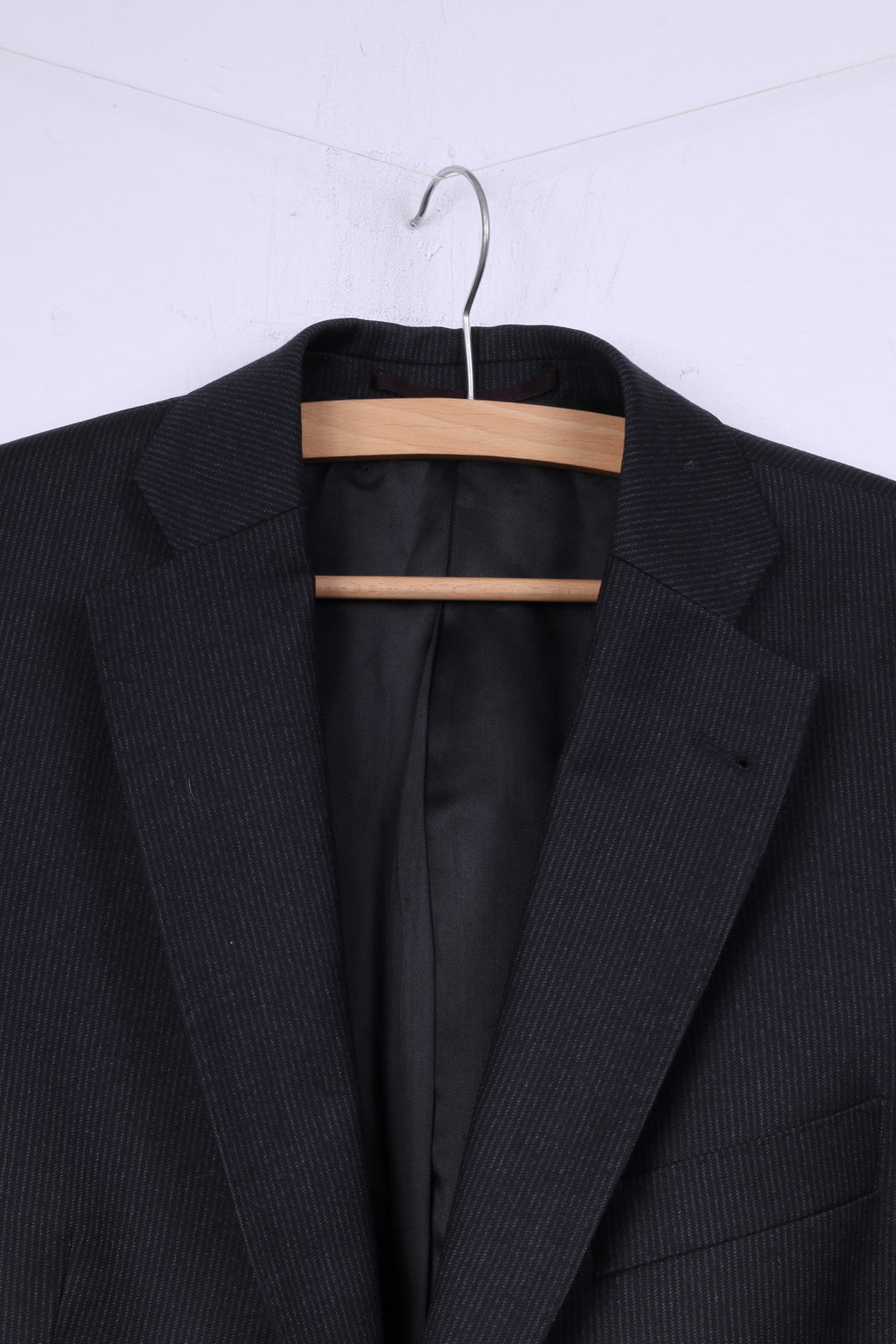 Schirling Men 48 38 Suit Black 100% Wool Vintage Blazer Trousers Striped