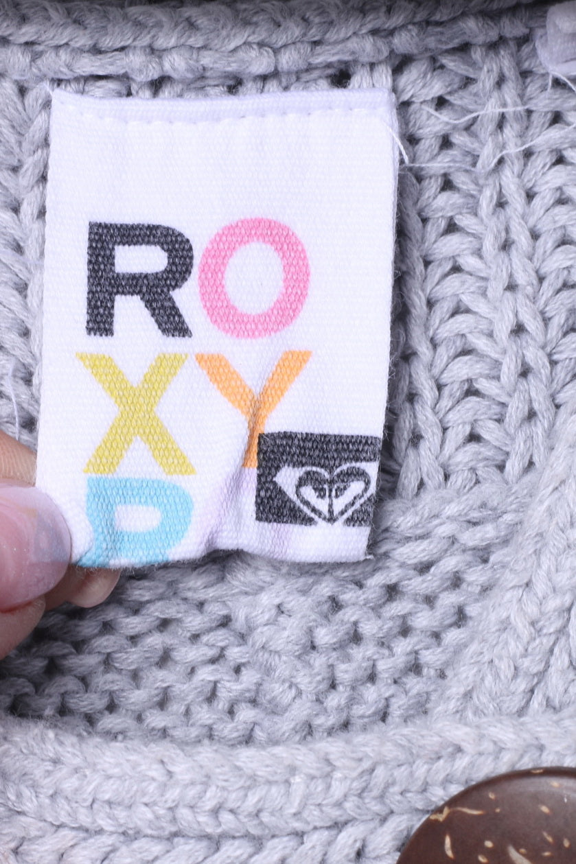 ROXY Femme XL Pull Gris Coton Deux Boutons Cardigan Manches Courtes Haut