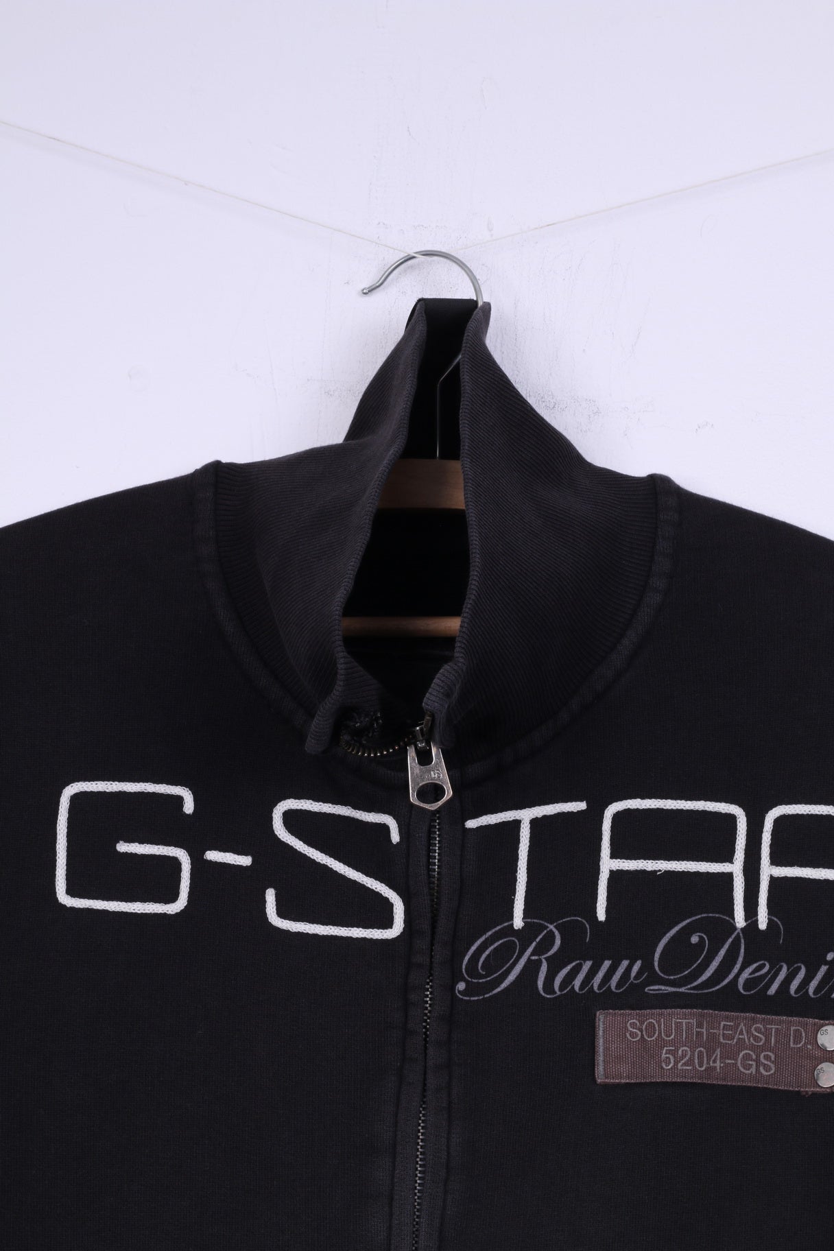 G-Star Raw Denim Mens L Sweatshirt Black Full Zipper Cotton Black Big Logo Top Jumper