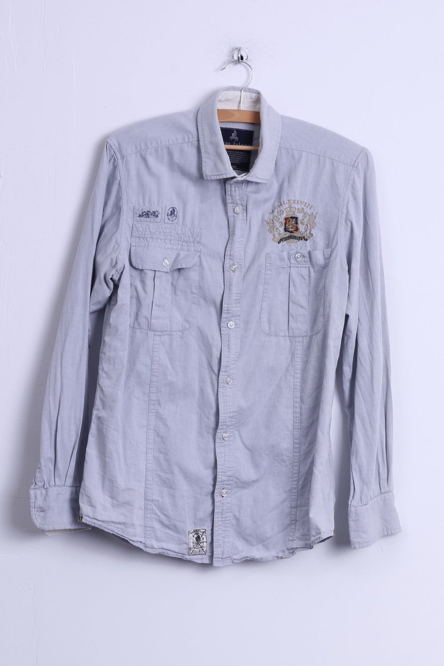 River Island Mens M Casual Shirt Cotton Blue EmbroideredLong Sleeve