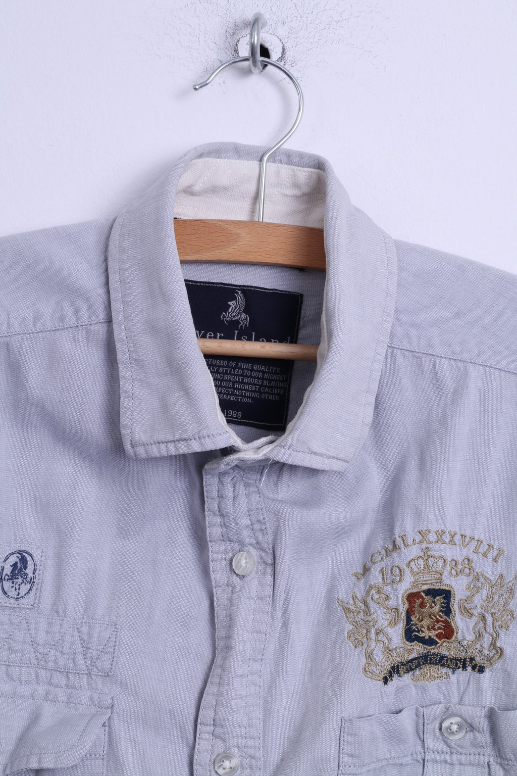 River Island Mens M Casual Shirt Cotton Blue EmbroideredLong Sleeve