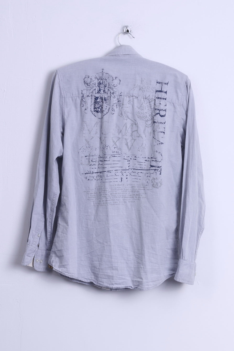 River Island Mens M Casual Shirt Cotton Blue EmbroideredLong Sleeve