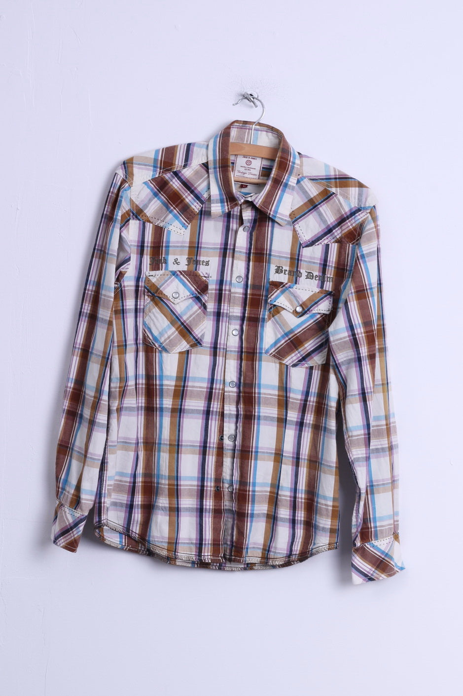Jack & Jones Mens M Casual Shirt Cotton Brown Checkered Vintage Denim Long Sleeve