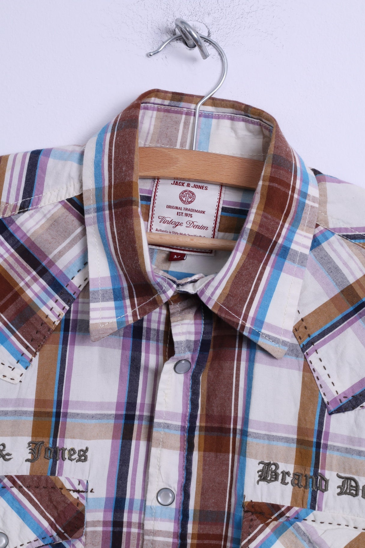 Jack & Jones Mens M Casual Shirt Cotton Brown Checkered Vintage Denim Long Sleeve