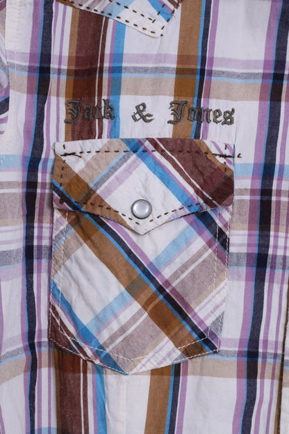 Jack & Jones Mens M Casual Shirt Cotton Brown Checkered Vintage Denim Long Sleeve